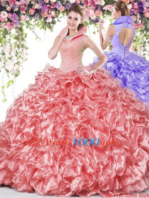 High-neck Sleeveless Organza 15th Birthday Dress Beading and Ruffles Backless