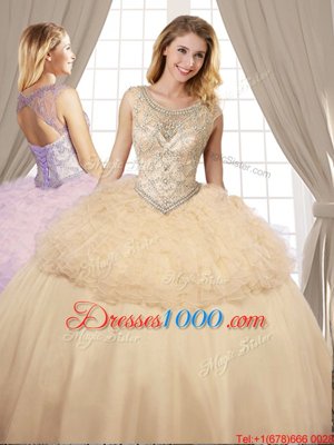 Scoop Champagne Sleeveless Organza and Tulle Lace Up Quinceanera Dresses for Military Ball and Sweet 16 and Quinceanera