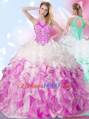 Stunning Multi-color Ball Gowns Organza Halter Top Sleeveless Beading and Ruffles and Pick Ups Floor Length Lace Up Sweet 16 Dress