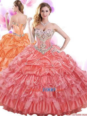 Watermelon Red Sleeveless Floor Length Beading and Ruffled Layers and Pick Ups Lace Up Quinceanera Gown