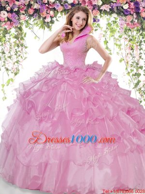 Sleeveless Organza Floor Length Backless Quince Ball Gowns in Lilac for with Beading and Ruffled Layers