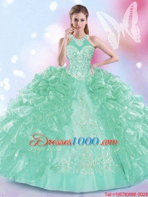 Halter Top Floor Length Ball Gowns Sleeveless Apple Green Quince Ball Gowns Lace Up