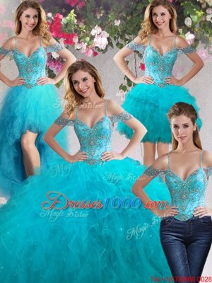 Four Piece Teal Lace Up Off The Shoulder Beading and Ruffles Quinceanera Dresses Tulle Sleeveless