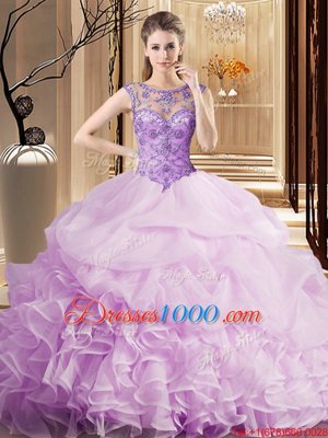 Lilac Scoop Lace Up Beading and Ruffles and Pick Ups Vestidos de Quinceanera Brush Train Sleeveless