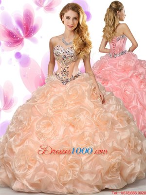 Peach Sweetheart Neckline Beading and Pick Ups Vestidos de Quinceanera Sleeveless Lace Up