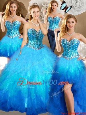 Four Piece Multi-color Lace Up Sweetheart Beading and Ruffles and Sequins Ball Gown Prom Dress Tulle Sleeveless