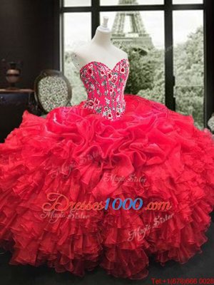Ball Gowns Quinceanera Gowns Red Sweetheart Organza Sleeveless Floor Length Lace Up