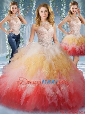 Admirable Halter Top Sleeveless Lace Up Floor Length Beading and Ruffles Quinceanera Dresses