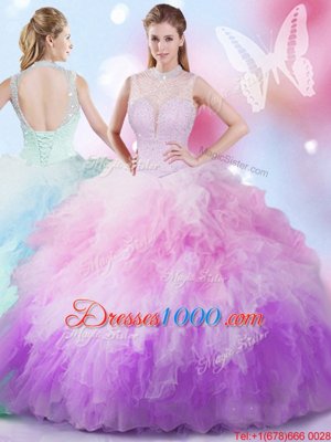 Clearance High-neck Sleeveless Sweet 16 Dresses Floor Length Beading and Ruffles Multi-color Tulle