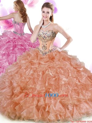 Rust Red and Peach Organza Lace Up Sweetheart Sleeveless Floor Length Quince Ball Gowns Beading and Ruffles