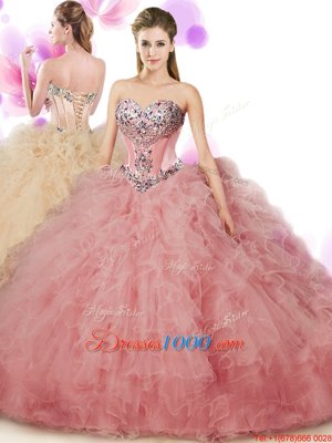 Floor Length Peach Quinceanera Gowns Sweetheart Sleeveless Lace Up