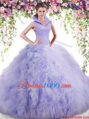 High-neck Sleeveless Backless Quinceanera Dress Lavender Tulle
