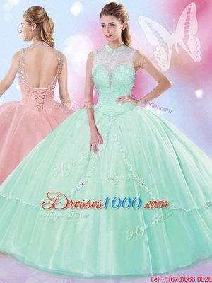 Free and Easy Apple Green Tulle Lace Up Quinceanera Dresses Sleeveless Floor Length Beading