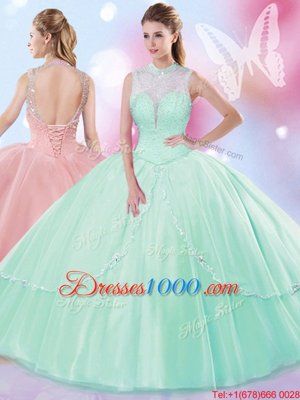 Traditional Peach High-neck Lace Up Beading and Ruffles Vestidos de Quinceanera Sleeveless