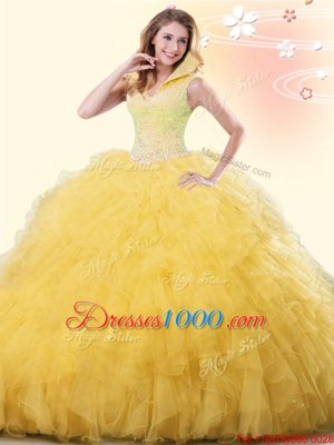 Yellow Ball Gowns Beading and Ruffles Sweet 16 Quinceanera Dress Backless Tulle Sleeveless Floor Length