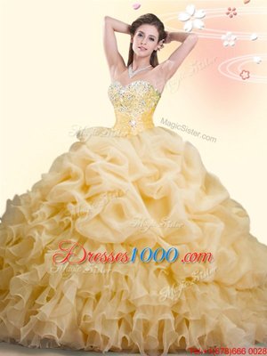 Gold Ball Gowns Beading and Ruffles and Pick Ups Sweet 16 Dress Lace Up Organza Sleeveless With Train