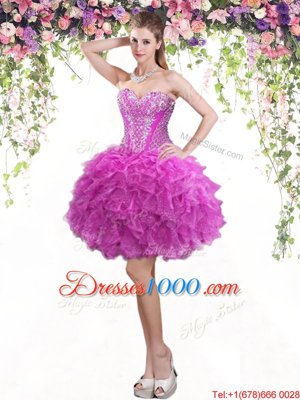 Popular Mini Length Fuchsia Pageant Dress Wholesale Tulle Sleeveless Beading and Ruffles
