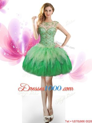 Fabulous Scoop Sleeveless Tulle Mini Length Lace Up Party Dress Wholesale in Green for with Beading and Ruffles