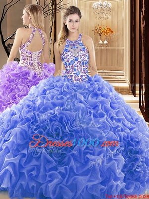 Customized Sleeveless Court Train Backless Embroidery and Ruffles Quinceanera Gown