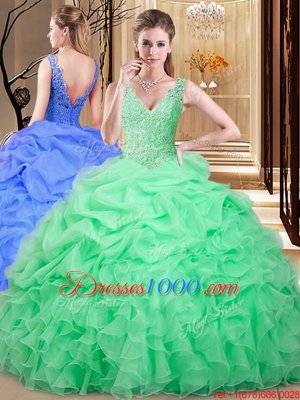 Decent V-neck Sleeveless Organza 15 Quinceanera Dress Lace and Appliques and Pick Ups Backless