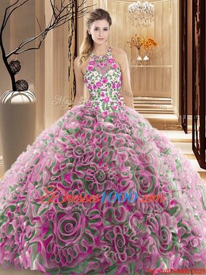 Multi-color 15 Quinceanera Dress Military Ball and Sweet 16 and Quinceanera and For with Ruffles and Pattern High-neck Sleeveless Brush Train Criss Cross