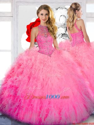 Noble High-neck Sleeveless Lace Up Ball Gown Prom Dress Baby Pink Tulle