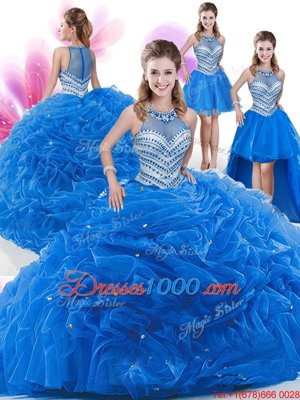 Four Piece Royal Blue Organza Zipper Quinceanera Dresses Sleeveless Floor Length Beading and Pick Ups