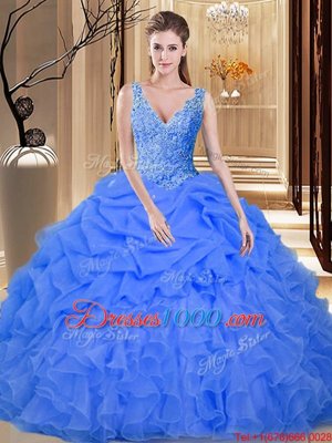Backless Blue Sleeveless Lace and Appliques and Ruffles and Pick Ups Floor Length Sweet 16 Quinceanera Dress