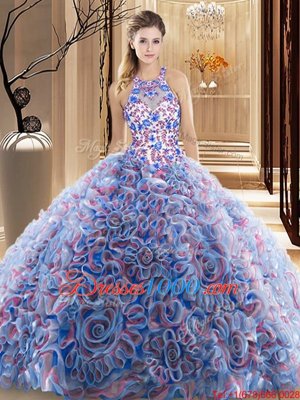 Multi-color Sweet 16 Quinceanera Dress Military Ball and Sweet 16 and Quinceanera and For with Ruffles and Pattern High-neck Sleeveless Brush Train Criss Cross