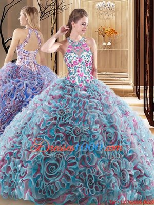 Multi-color Fabric With Rolling Flowers Criss Cross High-neck Sleeveless Quinceanera Gown Sweep Train Ruffles and Pattern