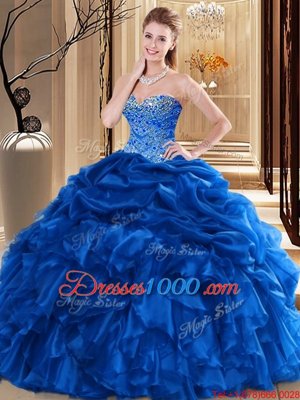 Super Royal Blue Organza Lace Up Quinceanera Dress Sleeveless Floor Length Beading and Pick Ups
