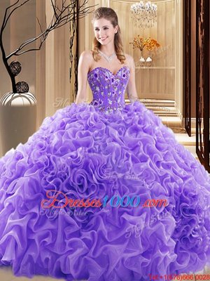 Elegant Lavender Fabric With Rolling Flowers Lace Up Sweetheart Sleeveless Vestidos de Quinceanera Court Train Embroidery and Ruffles and Pick Ups