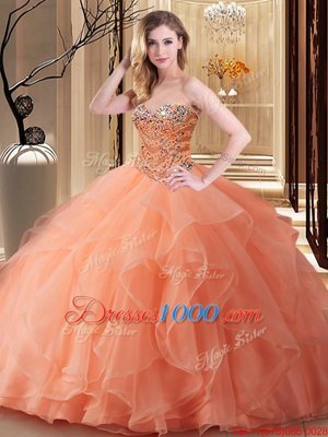 High End Sweetheart Sleeveless Quinceanera Gowns Floor Length Beading Orange Tulle