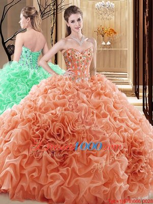 Sweetheart Sleeveless Fabric With Rolling Flowers Ball Gown Prom Dress Embroidery and Ruffles and Pick Ups Lace Up