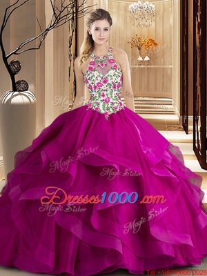 Scoop Ball Gowns Sleeveless Fuchsia Quinceanera Gowns Brush Train Zipper