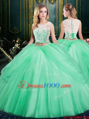 Scoop Apple Green Sleeveless Floor Length Lace and Pick Ups Zipper Quince Ball Gowns