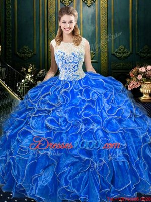 Royal Blue Ball Gowns Scoop Sleeveless Organza Floor Length Zipper Lace and Ruffles Vestidos de Quinceanera