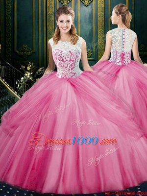 Attractive Scoop Floor Length Rose Pink Sweet 16 Dress Tulle Sleeveless Lace and Pick Ups