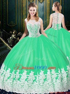 Tulle Scoop Sleeveless Zipper Lace and Appliques 15 Quinceanera Dress in Apple Green