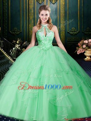 Beautiful Halter Top Sleeveless Lace Up Floor Length Beading and Lace and Ruffles and Ruching Sweet 16 Dress