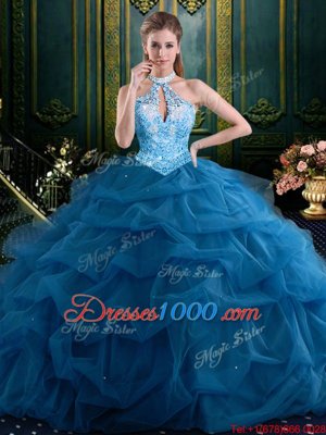 Halter Top Navy Blue Ball Gowns Beading and Pick Ups Quinceanera Dress Lace Up Tulle Sleeveless Floor Length