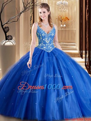 Floor Length Lace Up Quinceanera Gowns Blue and In for Military Ball and Sweet 16 and Quinceanera with Beading and Appliques