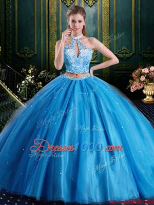 Baby Blue Two Pieces Halter Top Sleeveless Tulle Floor Length Lace Up Beading and Lace and Appliques Sweet 16 Quinceanera Dress