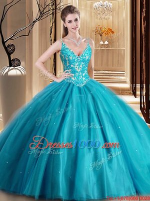 Fashion Teal Spaghetti Straps Neckline Beading and Lace and Appliques Quince Ball Gowns Sleeveless Lace Up