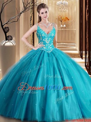 Fashion Teal Spaghetti Straps Neckline Beading and Lace and Appliques Quince Ball Gowns Sleeveless Lace Up