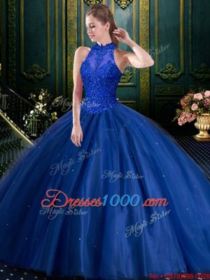 On Sale High-neck Sleeveless Lace Up Quinceanera Gown Royal Blue Tulle