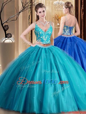 Admirable Teal Spaghetti Straps Neckline Beading and Lace and Appliques Quinceanera Dresses Sleeveless Lace Up