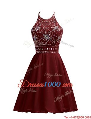 Customized Halter Top Sleeveless Evening Dress Knee Length Beading Burgundy Chiffon