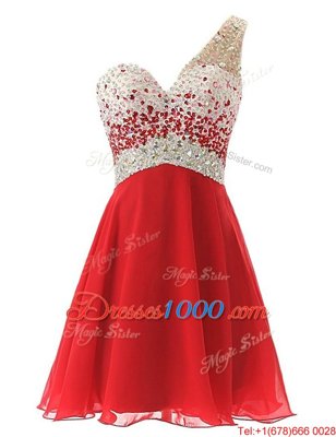 Custom Designed One Shoulder Red A-line Beading Going Out Dresses Criss Cross Chiffon Sleeveless Knee Length