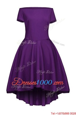 Stylish Purple A-line Satin Bateau Short Sleeves Ruching Tea Length Side Zipper Prom Dresses